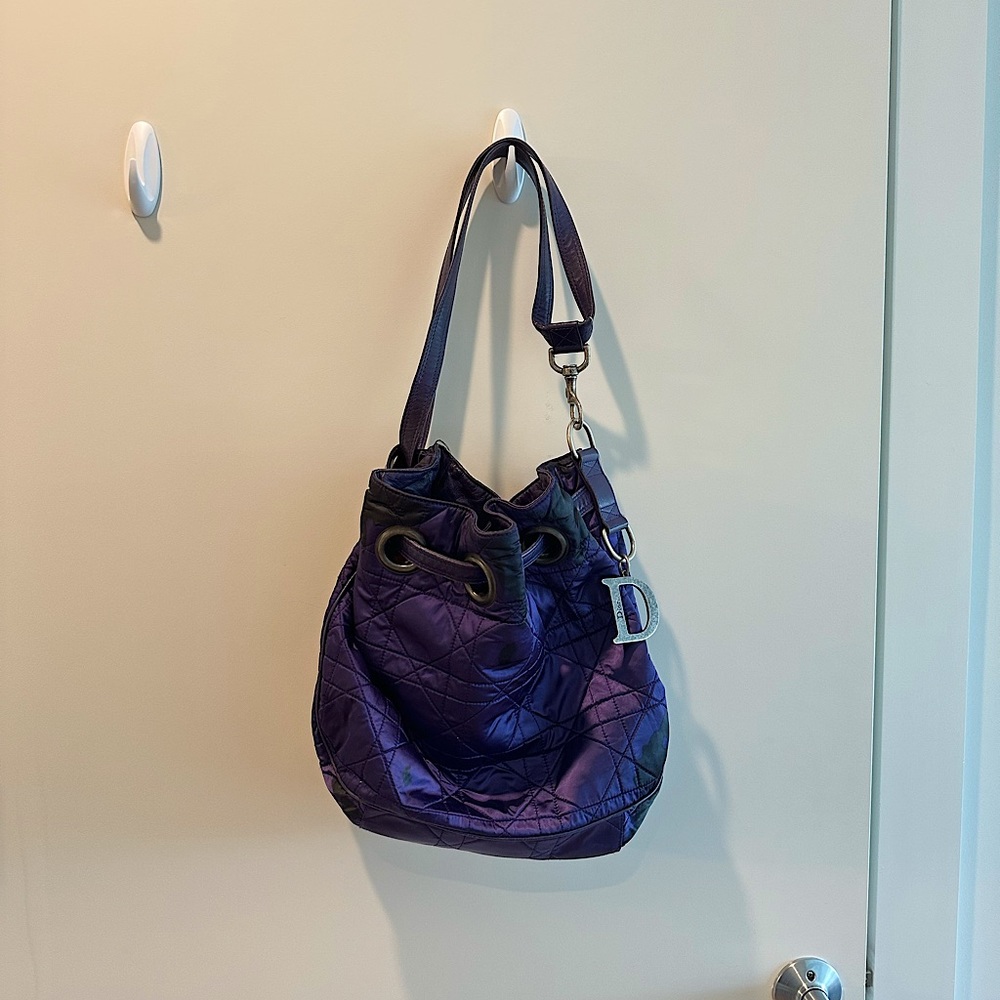 Christian Dior Quilted Purple Purse / Tote Bag in Silk with Red Interior